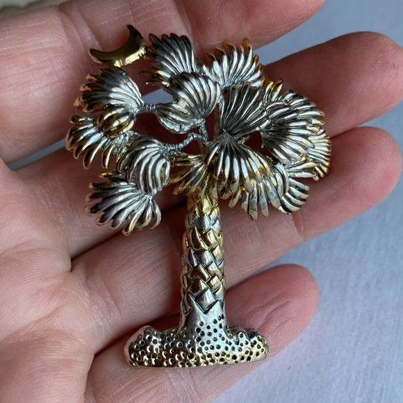 Vintage Palm Tree Brooch Pin Pendant Silver Gold Tone Moon Signed By Best - Picture 10 of 13